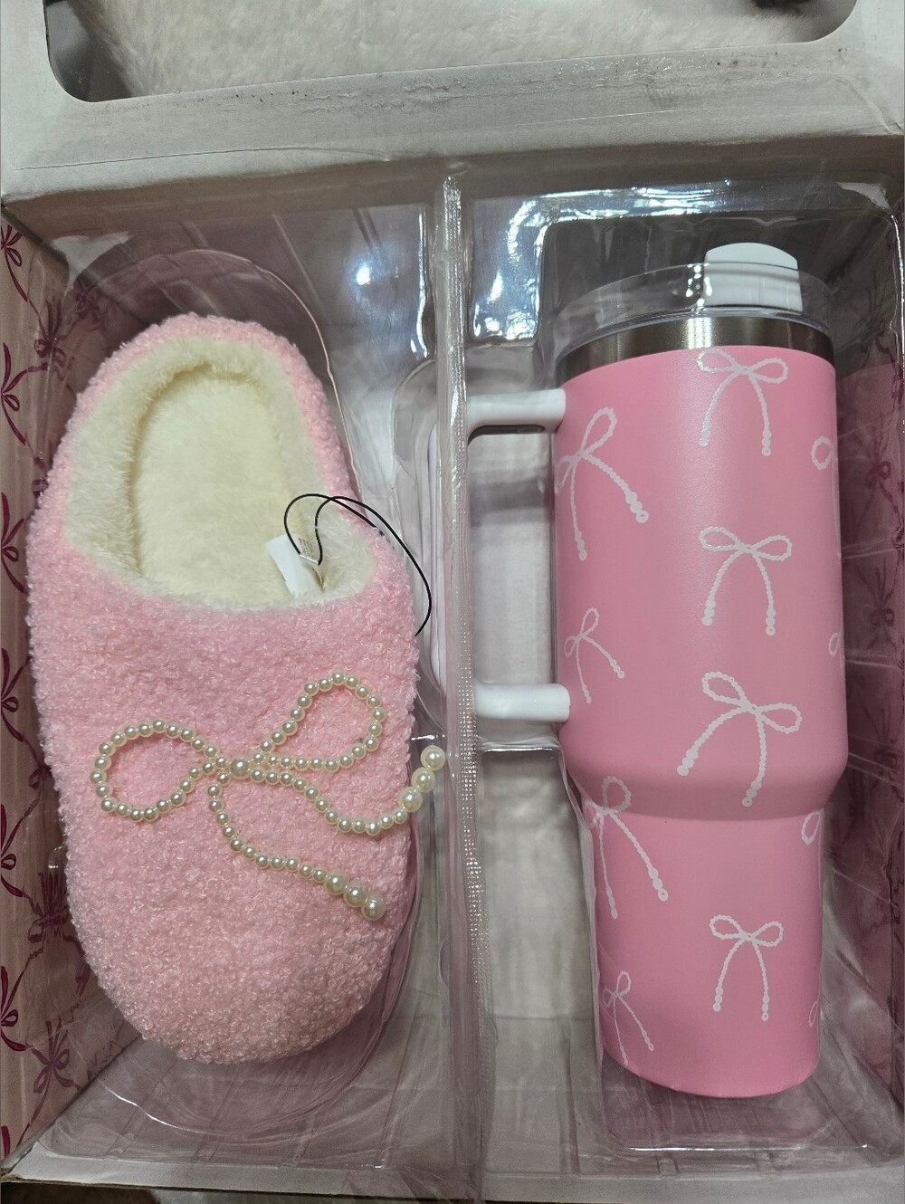 Rampage Pink White Bow 40oz Stainless Steel Tumbler & Slippers Bow Gift Set NIB